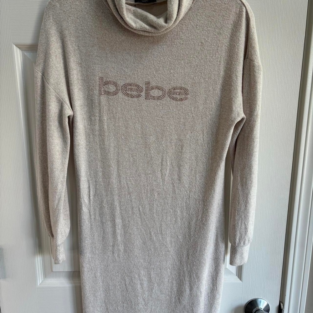 Bebe Y2K Women Oatmeal Cowl Neck Rhinestone Logo Knit Stretch Sweater Dress (S)